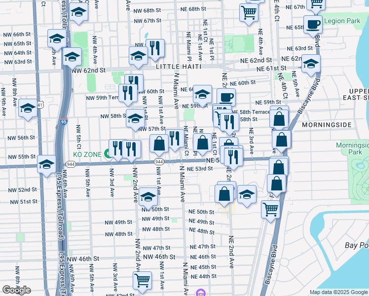 map of restaurants, bars, coffee shops, grocery stores, and more near 2 Northeast 56th Street in Miami