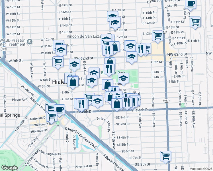 map of restaurants, bars, coffee shops, grocery stores, and more near 366 East 6th Street in Hialeah