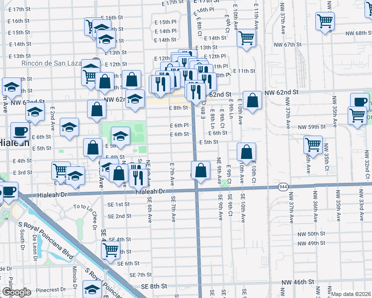 map of restaurants, bars, coffee shops, grocery stores, and more near 741 East 5th Street in Hialeah