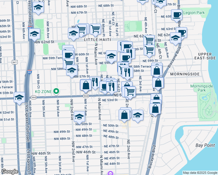 map of restaurants, bars, coffee shops, grocery stores, and more near 5540 Northeast 1st Avenue in Miami