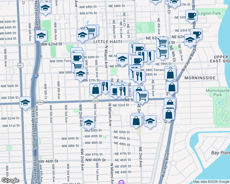 map of restaurants, bars, coffee shops, grocery stores, and more near 55 Northeast 55th Street in Miami
