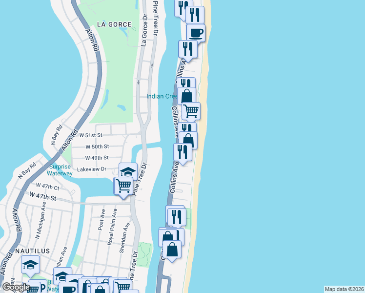 map of restaurants, bars, coffee shops, grocery stores, and more near 5025 Collins Avenue in Miami