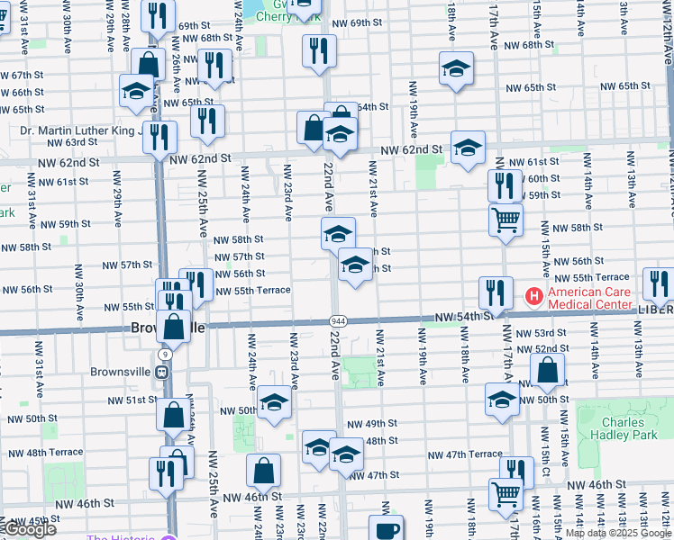 map of restaurants, bars, coffee shops, grocery stores, and more near 2201 Northwest 56th Street in Miami
