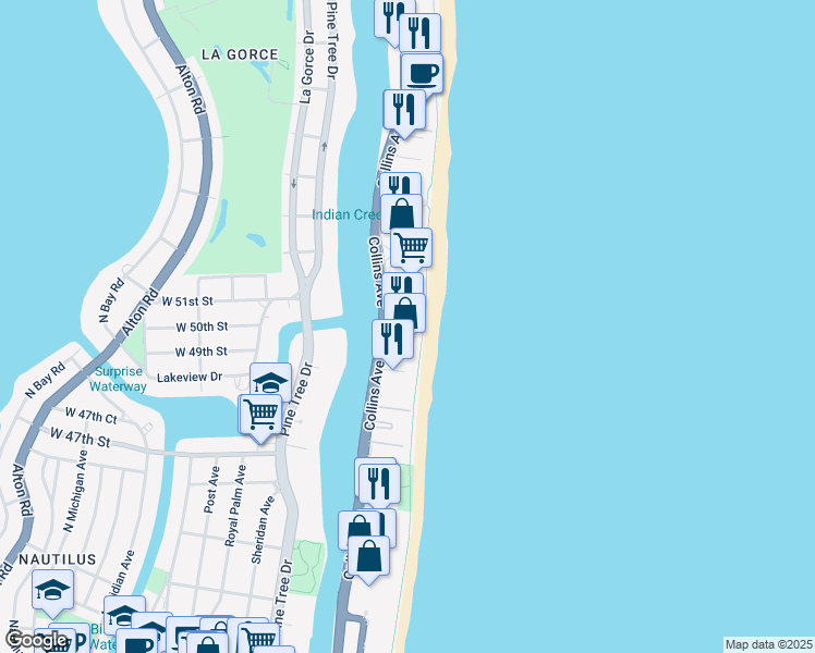 map of restaurants, bars, coffee shops, grocery stores, and more near 5025 Collins Avenue in Miami