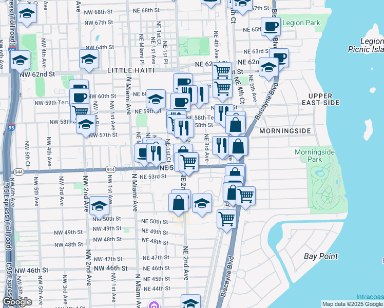 map of restaurants, bars, coffee shops, grocery stores, and more near in Miami