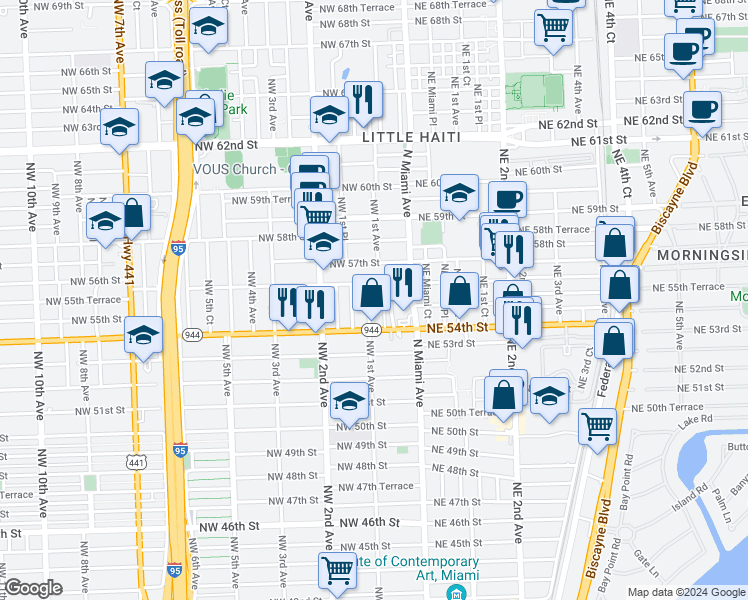 map of restaurants, bars, coffee shops, grocery stores, and more near 5601 Northwest Miami Court in Miami