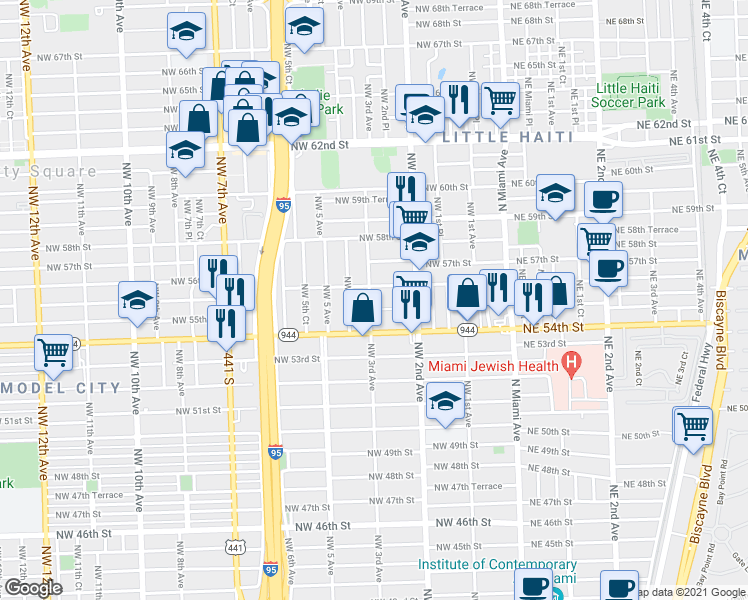 map of restaurants, bars, coffee shops, grocery stores, and more near 291 Northwest 56th Street in Miami