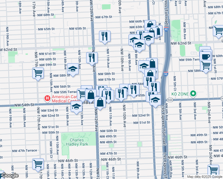 map of restaurants, bars, coffee shops, grocery stores, and more near 5601 Northwest 11th Avenue in Miami