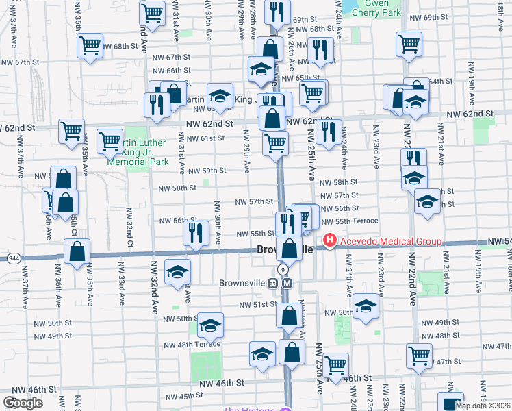 map of restaurants, bars, coffee shops, grocery stores, and more near 2772 Northwest 57th Street in Miami