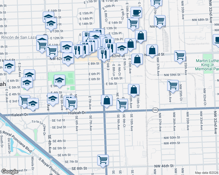map of restaurants, bars, coffee shops, grocery stores, and more near 505 East 8th Avenue in Hialeah