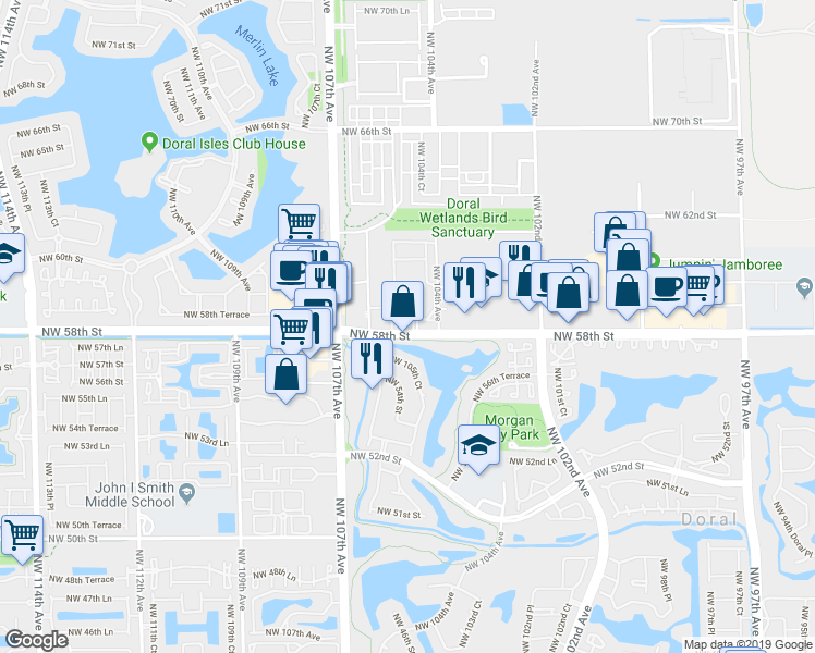 map of restaurants, bars, coffee shops, grocery stores, and more near 5905 Northwest 104th Path in Medley
