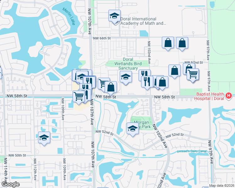 map of restaurants, bars, coffee shops, grocery stores, and more near 10450 Northwest 58th Terrace in Doral