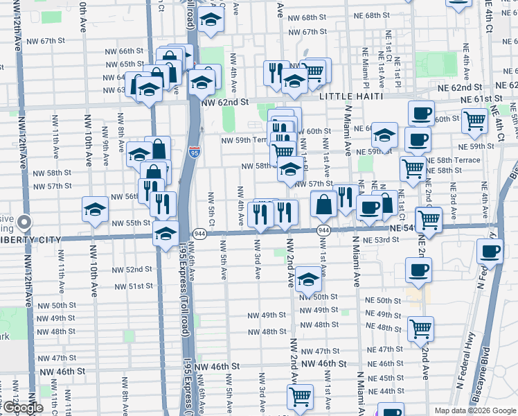 map of restaurants, bars, coffee shops, grocery stores, and more near 5545 Northwest 3rd Avenue in Miami