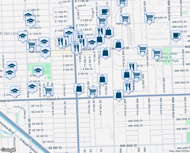 map of restaurants, bars, coffee shops, grocery stores, and more near 505 East 9th Lane in Hialeah