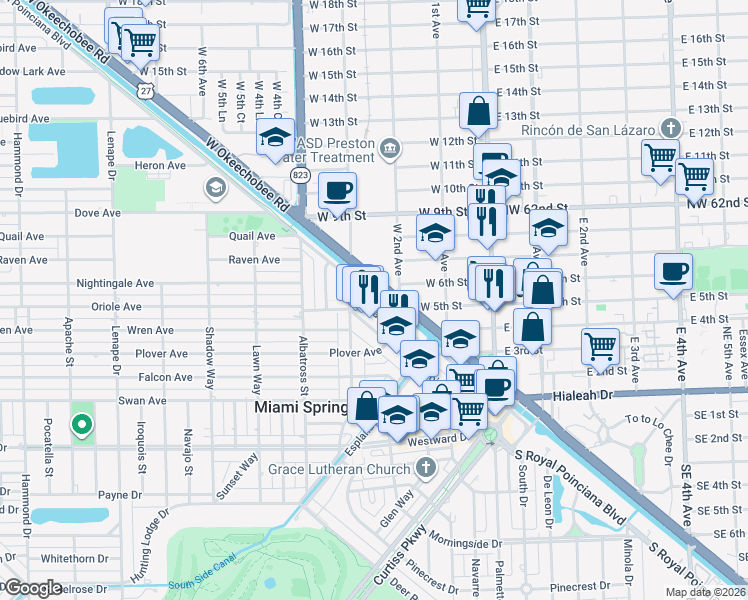 map of restaurants, bars, coffee shops, grocery stores, and more near 441 Swallow Drive in Miami Springs