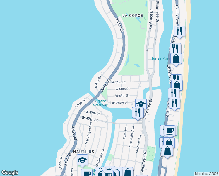 map of restaurants, bars, coffee shops, grocery stores, and more near 5050 Florida 907 in Miami Beach