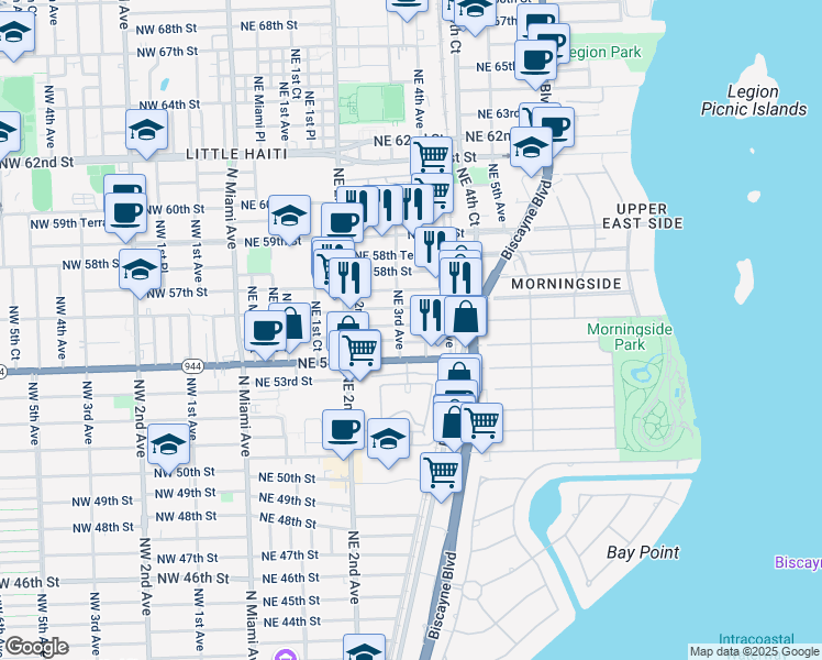 map of restaurants, bars, coffee shops, grocery stores, and more near 282 Northeast 56th Street in Miami