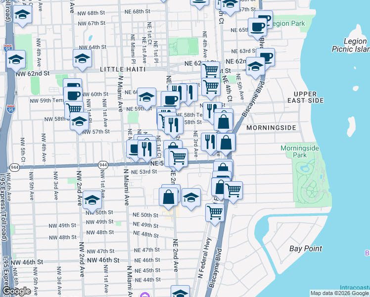 map of restaurants, bars, coffee shops, grocery stores, and more near 5545 Northeast 2nd Avenue in Miami