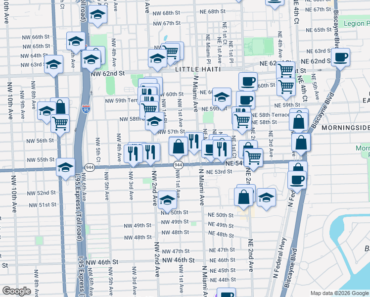 map of restaurants, bars, coffee shops, grocery stores, and more near 5554 Northwest Miami Court in Miami