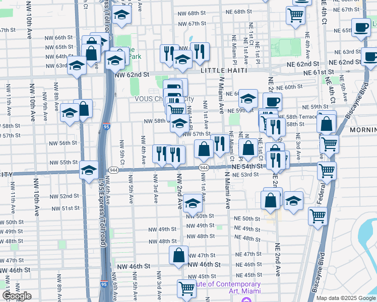 map of restaurants, bars, coffee shops, grocery stores, and more near 169 Northwest 56th Street in Miami