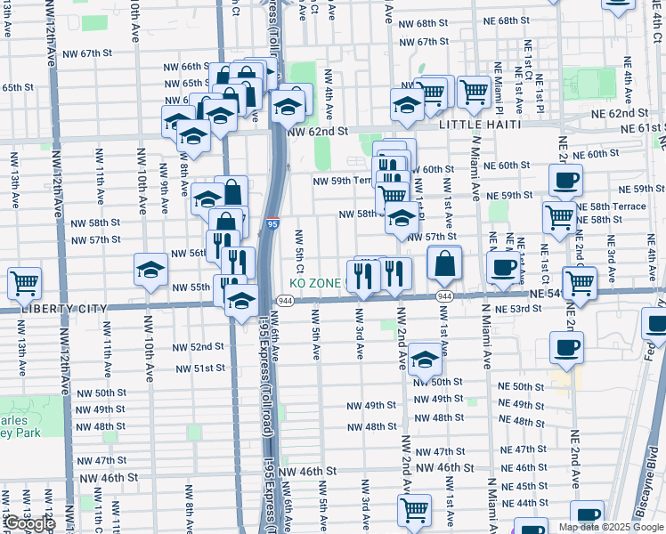 map of restaurants, bars, coffee shops, grocery stores, and more near 423 Northwest 56th Street in Miami