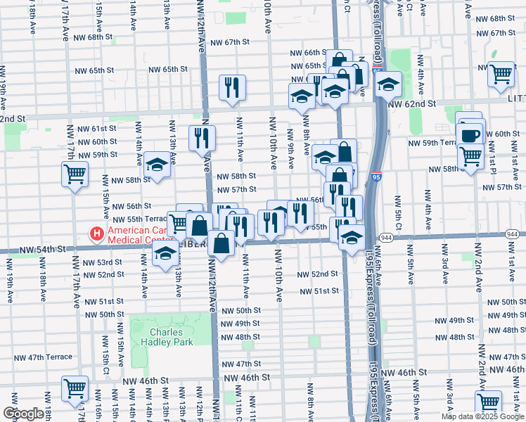 map of restaurants, bars, coffee shops, grocery stores, and more near 5600 Northwest 10th Avenue in Miami