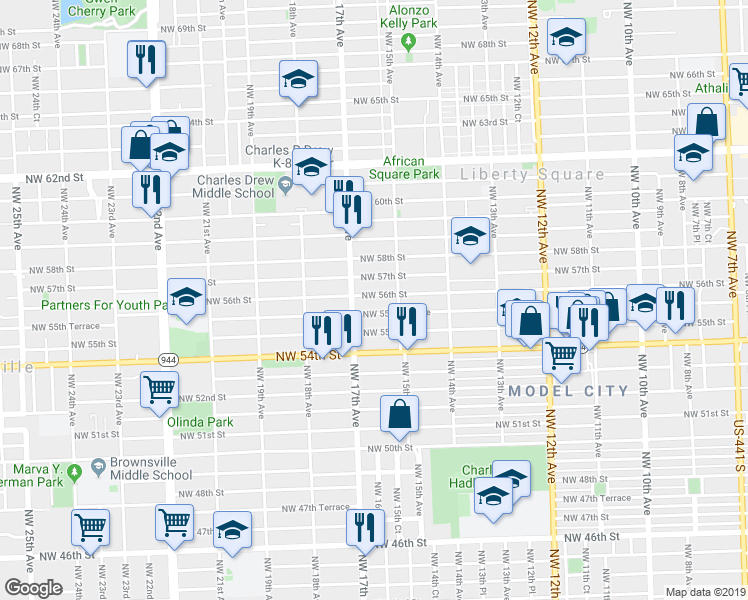 map of restaurants, bars, coffee shops, grocery stores, and more near 1521 Northwest 56th Street in Miami