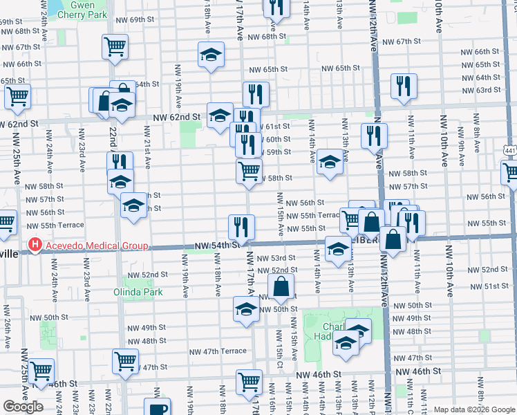 map of restaurants, bars, coffee shops, grocery stores, and more near 5691 Northwest 17th Avenue in Miami