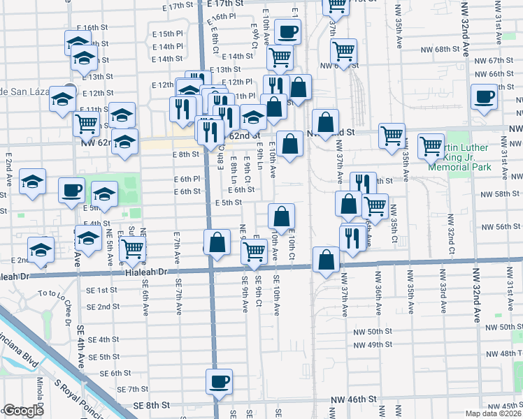 map of restaurants, bars, coffee shops, grocery stores, and more near 505 East 9th Lane in Hialeah