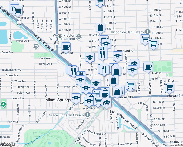 map of restaurants, bars, coffee shops, grocery stores, and more near 591 West 1st Avenue in Hialeah