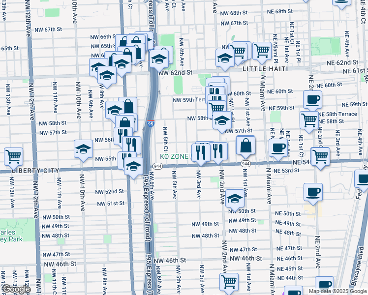 map of restaurants, bars, coffee shops, grocery stores, and more near 423 Northwest 56th Street in Miami
