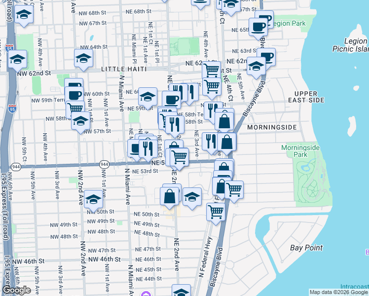 map of restaurants, bars, coffee shops, grocery stores, and more near 242 Northeast 55th Terrace in Miami