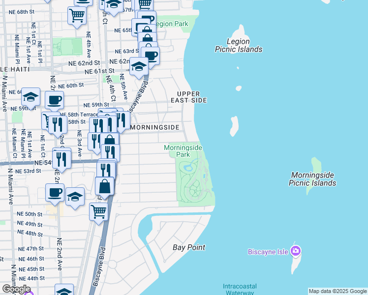 map of restaurants, bars, coffee shops, grocery stores, and more near 750 Northeast 55th Terrace in Miami
