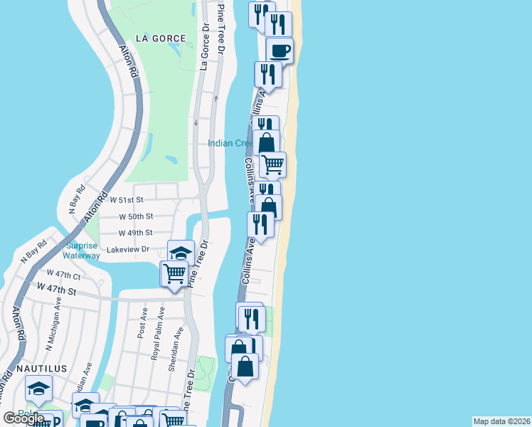 map of restaurants, bars, coffee shops, grocery stores, and more near 5025 Collins Avenue in Miami Beach