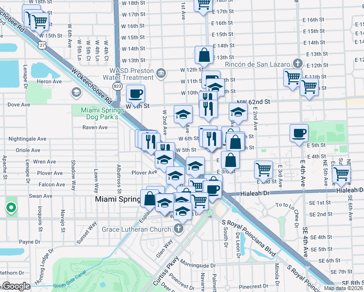 map of restaurants, bars, coffee shops, grocery stores, and more near 140 West 6th Street in Hialeah