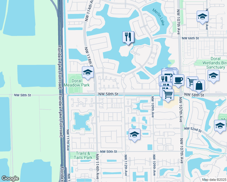 map of restaurants, bars, coffee shops, grocery stores, and more near 5857 Northwest 112th Court in Doral