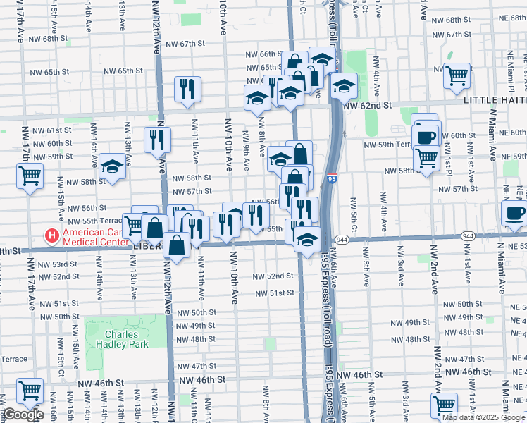 map of restaurants, bars, coffee shops, grocery stores, and more near 840 Northwest 56th Street in Miami