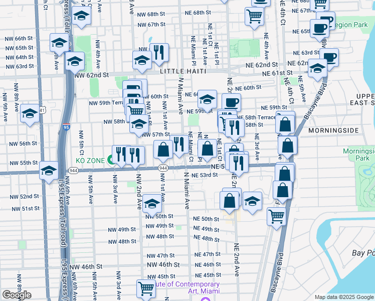 map of restaurants, bars, coffee shops, grocery stores, and more near 2 Northeast 56th Street in Miami