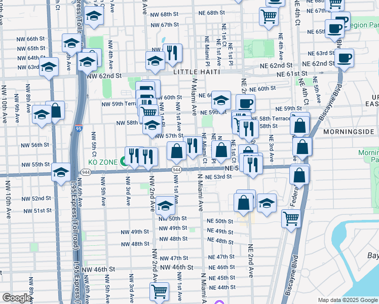 map of restaurants, bars, coffee shops, grocery stores, and more near 5601 Northwest Miami Court in Miami