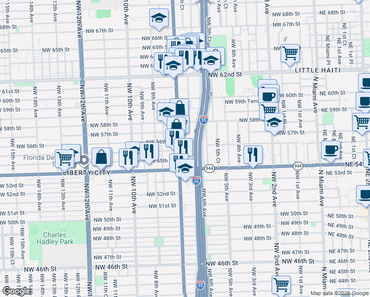 map of restaurants, bars, coffee shops, grocery stores, and more near 697 Northwest 56th Street in Miami