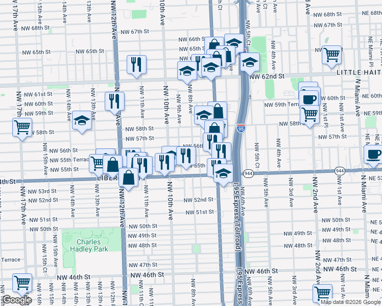 map of restaurants, bars, coffee shops, grocery stores, and more near 840 Northwest 56th Street in Miami
