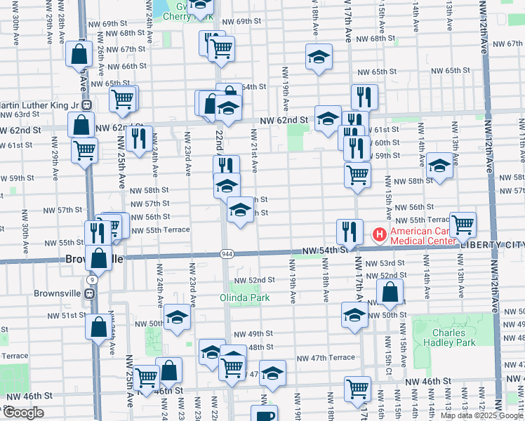 map of restaurants, bars, coffee shops, grocery stores, and more near 1986 Northwest 57th Street in Miami