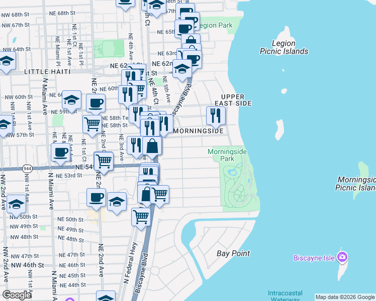 map of restaurants, bars, coffee shops, grocery stores, and more near 510 Northeast 56th Street in Miami
