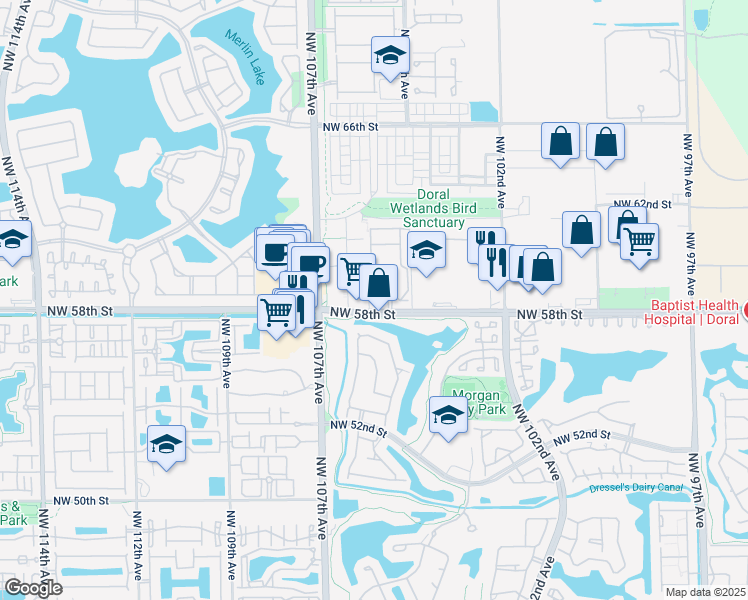 map of restaurants, bars, coffee shops, grocery stores, and more near 5905 Northwest 104th Path in Medley