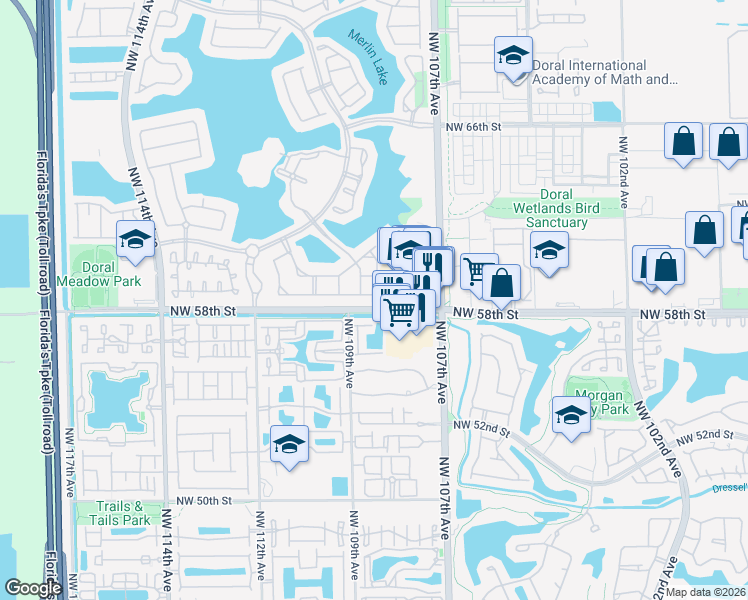 map of restaurants, bars, coffee shops, grocery stores, and more near 10885 Northwest 58th Terrace in Doral