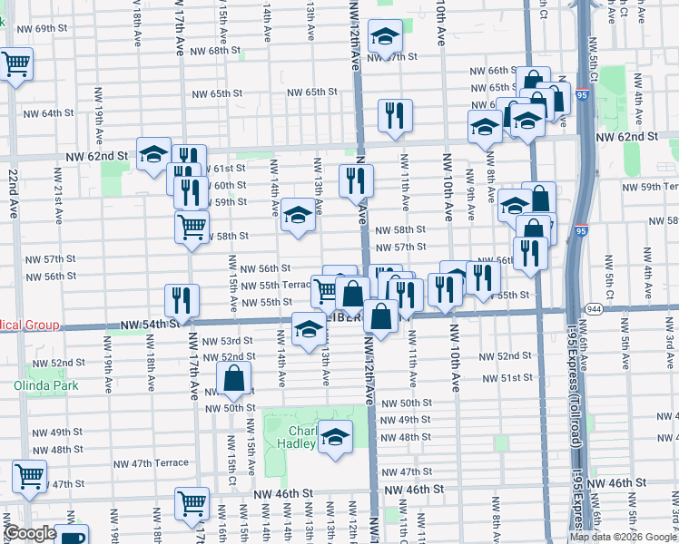 map of restaurants, bars, coffee shops, grocery stores, and more near 1233 Northwest 56th Street in Miami