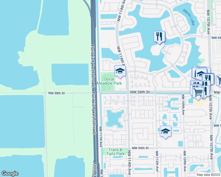 map of restaurants, bars, coffee shops, grocery stores, and more near 11555 Northwest 58th Street in Doral