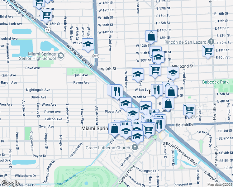map of restaurants, bars, coffee shops, grocery stores, and more near 449 Swallow Drive in Miami Springs