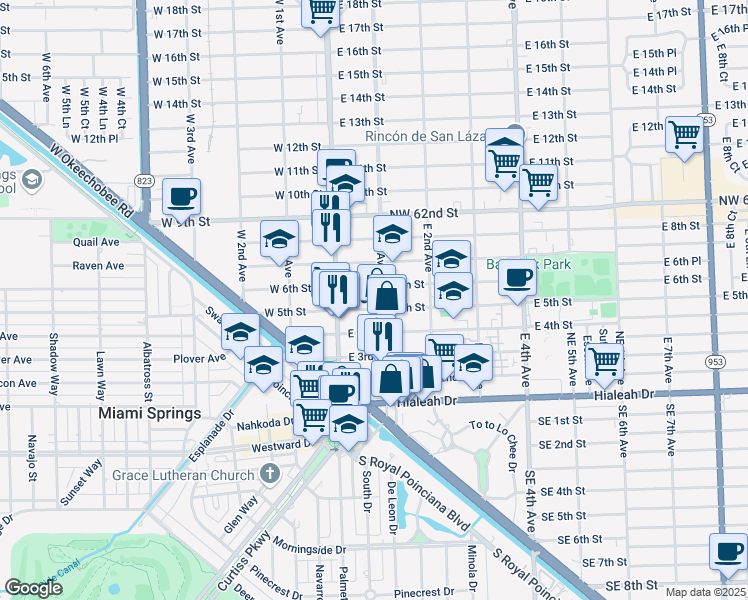 map of restaurants, bars, coffee shops, grocery stores, and more near 83 East 5th Street in Hialeah