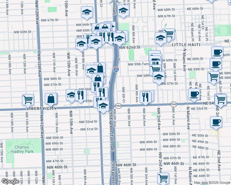 map of restaurants, bars, coffee shops, grocery stores, and more near 675 Northwest 56th Street in Miami